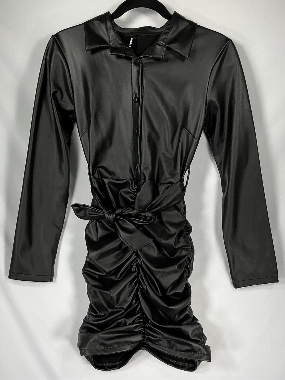 Venti6 Faux Leather Ruched Shirt Dress Size S Black NWOT Belted Long Sleeve